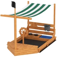 Outsunny Piaskownica z osłoną przeciwsłoneczną Piracki Statek, w zestawie zestaw kuchenny dla dzieci, Drewno Jodłowe, 180 x 103 x 144,5 cm, Pomarańczowy(m-1)