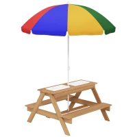 AIYAPLAY Kids Picnic Table, Sand and Water Table with Wooden Benches, Adjustable Parasol and Storage Bins, Multicolour(m-1)