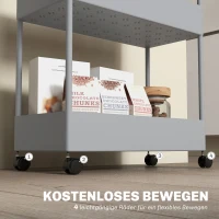 HOMCOM Keukenwagen met 4 Schappen, 4 Flexibele Haken, 4 Wielen, 40 cm x 19 cm x 90 cm, Niswagen, Grijs(m-5)
