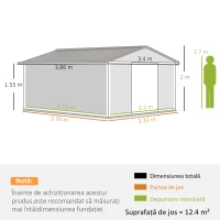 Outsunny Magazie de Gradina cu Usi Duble Glisante si Acoperis Inclinat, Sopron de Gradina din Otel si PP, 3.4x4x2m, Gri(m-3)