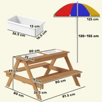 AIYAPLAY Kids Picnic Table, Sand and Water Table with Wooden Benches, Adjustable Parasol and Storage Bins, Multicolour(m-3)