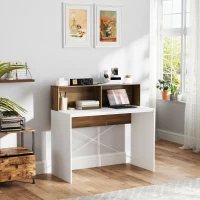 HOMCOM Scrivania PC Moderna con Piano Rialzato e 2 Ripiani, in Truciolato, 110x50x102.6 cm, Bianco, Marrone e Noce(m-6)