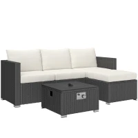 Outsunny Five Piece Rattan Garden Furniture Set with Gas Fire Pit Table and Footstool - Black and Cream White(m-10)