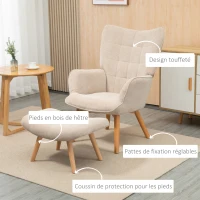 HOMCOM Fauteuil avec repose pied, dossier haut, pieds en bois et tissu aspect velours côtelé, pour salon chambre à coucher beige(m-5)