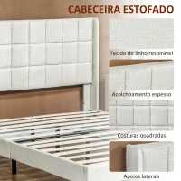 HOMCOM Cama 135x190 cm Estrutura de Cama com Cabeceira Estofada em Linho e Espaço de Armazenamento Debaixo da Cama Bege(m-4)
