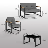 Outsunny Garden Furniture Set, 4 Piece Indoor Outdoor Conservatory with Loveseat Sofa, Armchairs, Glass Top Coffee Table, Cushions for Balcony, Poolside, Patio, Light Grey(m-3)