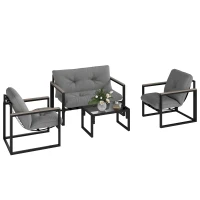 Outsunny Garden Furniture Set, 4 Piece Indoor Outdoor Conservatory with Loveseat Sofa, Armchairs, Glass Top Coffee Table, Cushions for Balcony, Poolside, Patio, Dark Grey(m-10)