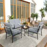 Outsunny 4 Piece Rattan Garden Furniture Set, 4 Seater Wicker Patio Conversation Set with 2 Armchairs, Loveseat, Glass Top Coffee Table and Cushions for Outdoor, Balcony, Grey(m-8)