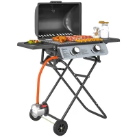 Outsunny Barbecue a Gás Portátil Dobrável com 2 Queimadores 3 KW Mesas Laterais Bandeja Removível Termómetro e 2 Rodas 101x50x102 cm Preto(m-10)