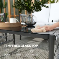 Outsunny 4 Piece Rattan Garden Furniture Set, 4 Seater Wicker Patio Conversation Set with 2 Armchairs, Loveseat, Glass Top Coffee Table and Cushions for Outdoor, Balcony, Grey(m-7)