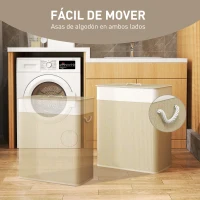 HOMCOM Cesto de Ropa Sucia de Bambú con 2 Compartimentos Asas para Facilitar el Uso y Bolsas Desmontables Lavables 52x32x63 cm(m-6)
