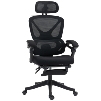 HOMCOM Silla de Escritorio de Malla Reclinable con Reposacabezas Soporte Lumbar Reposapiés y Altura Regulable Carga 135kg Negro