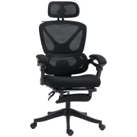 HOMCOM Silla de Escritorio de Malla Reclinable con Reposacabezas Soporte Lumbar Reposapiés y Altura Regulable Carga 135kg Negro(m-1)