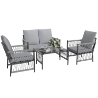 Outsunny 4 Piece Rattan Garden Furniture Set, 4 Seater Wicker Patio Conversation Set with 2 Armchairs, Loveseat, Glass Top Coffee Table and Cushions for Outdoor, Balcony, Grey(m-11)