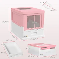 PawHut Caixa de Areia para Gatos Dobrável Caixa de Areia para Gatos Fechada com Bandeja Removível e Pá 47,5x35,5x36,7cm Rosa(m-3)