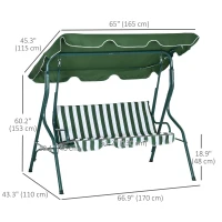 Outsunny 3 Seater Garden Swing Seat Chair Outdoor Bench with Adjustable Canopy and Metal Frame, Green Stripes(m-3)