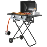 Outsunny Barbecue a Gás Portátil Dobrável com 2 Queimadores 3 KW Mesas Laterais Bandeja Removível Termómetro e 2 Rodas 101x50x102 cm Preto(m-11)