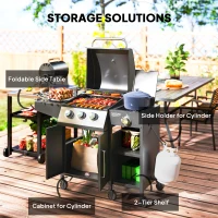 Outsunny 3+1 Burner Gas BBQ Grill with Storage Cabinet and Shelves, 9.5 kW Gas Barbecue Trolley with 6 Castor Wheels, Warming Rack, Thermometer for Outdoor Cooking Garden Party, Black(m-5)