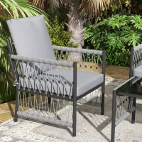 Outsunny 4 Piece Rattan Garden Furniture Set, 4 Seater Wicker Patio Conversation Set with 2 Armchairs, Loveseat, Glass Top Coffee Table and Cushions for Outdoor, Balcony, Grey(m-9)