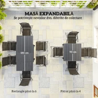 Outsunny Set de Grădină din 7 Piese cu Masă Extensibilă și 6 Scaune Pliabile cu Brațe, 90/180x90x75 cm, Gri și Negru(m-4)