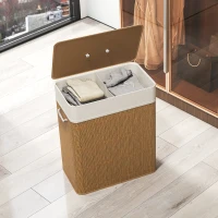 HOMCOM Cesto de Ropa Sucia de Bambú con 2 Compartimentos Asas para Facilitar el Uso y Bolsas Desmontables Lavables 52x32x63 cm(m-9)