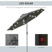 Outsunny Parasol de Terraza Ø268x238 cm con 24 Luces LED Solar Mecanismo de Inclinación Manivela y Poste Desmontable Gris(m-4)