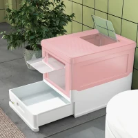 PawHut Caixa de Areia para Gatos Dobrável Caixa de Areia para Gatos Fechada com Bandeja Removível e Pá 47,5x35,5x36,7cm Rosa(m-8)