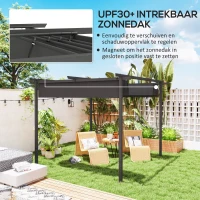 Outsunny 3 x 3 m Tuin-Pergola met Verstelbaar Dak, Metalen Frame, UPF30+ Bescherming, Zonnedak voor Veranda, Terras, Donkergrijs(m-3)