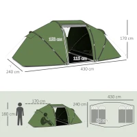 Outsunny Tenda de Campismo Familiar para 4 Pessoas Tenda Dobrável Impermeável para Praia Parque 430x240x170 cm Verde(m-3)