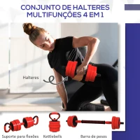 SPORTNOW Conjunto de Halteres 20kg 4 em 1 Conjunto de Pesos com Kettlebell Barra de Pesos para Treino de Força em Casa Ginásio Vermelho(m-4)