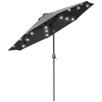 Outsunny Parasol de Terraza Ø268x238 cm con 24 Luces LED Solar Mecanismo de Inclinación Manivela y Poste Desmontable Gris(m-8)