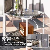 Outsunny Conjunto de Jardim de 3 Peças com 2 Cadeiras e Mesa de Vime com Almofadas e Bancada de Vidro Marrom Acinzentado e Creme(m-6)