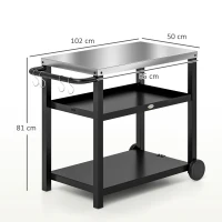 Outsunny Grillwagen 3-Etagen met Werkoppervlak, Planken, Haken, Wielen, Roestvrij Staal, 102x50x81cm, Koolgrijs(m-3)