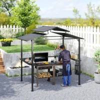 Outsunny Grillpavillon 250 x 160 x 250 cm wasserdicht Gartenpavillon mit Doppelschichtdach, Seitenregalen Schwarz(m-7)