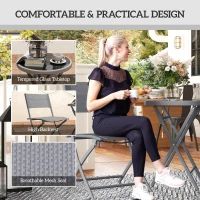 Outsunny 3 Pieces Outdoor Bistro Set, Glass Top Outdoor Table and 2 Folding Chairs with Protecting Feet, Grey(m-6)