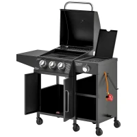 Outsunny 3+1 Burner Gas BBQ Grill with Storage Cabinet and Shelves, 9.5 kW Gas Barbecue Trolley with 6 Castor Wheels, Warming Rack, Thermometer for Outdoor Cooking Garden Party, Black(m-1)