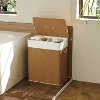 HOMCOM Cesto de Ropa Sucia de Bambú con 2 Compartimentos Asas para Facilitar el Uso y Bolsas Desmontables Lavables 52x32x63 cm(m-8)