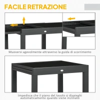 Outsunny Tavolo da Pranzo Allungabile da Giardino con Piano in Vetro e Alluminio, 80-160x80x75 cm, Nero(m-5)