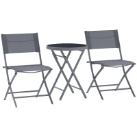 Outsunny 3 Pieces Outdoor Bistro Set, Glass Top Outdoor Table and 2 Folding Chairs with Protecting Feet, Grey(m-10)