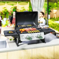 Outsunny Barbecue a Gás com 2 Queimadores de Aço Inoxidável 3 KW Prateleiras Laterais Bandeja e Termómetro 101x48x41 cm Preto(m-8)