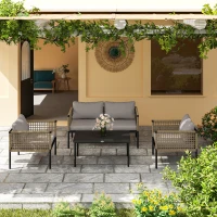 Outsunny Conjunto de Jardim de Vime Sintético de 4 Peças Inclui 1 Sofá Duplo 2 Cadeiras e Mesa de Centro com Almofadas Madeira e Cinzento(m-9)