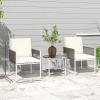 Outsunny Conjunto de Jardim de 3 Peças com 2 Cadeiras e Mesa de Vime com Almofadas e Bancada de Vidro Marrom Acinzentado e Creme(m-3)