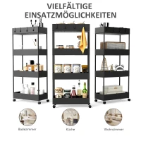 HOMCOM Keukenwagen met 4 planken, 4 flexibele haken, 4 wielen, 40 cm x 19 cm x 90 cm, Niswagen, Zwart(m-6)