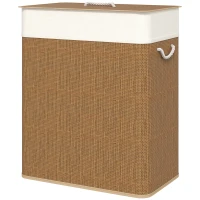 HOMCOM Cesto de Ropa Sucia de Bambú con 2 Compartimentos Asas para Facilitar el Uso y Bolsas Desmontables Lavables 52x32x63 cm(m-11)