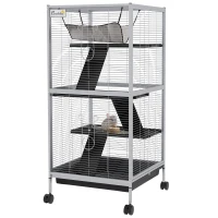 PawHut Jaula para Animales Pequeños con Ruedas 2 Puertas 3 Rampas Hamaca Colgante y Bandeja Extraíble 52x52x113,5cm Gris(m-11)