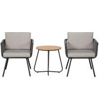 Outsunny Conjunto de Móveis de Jardim de Vime 3 Peças Incluí 1 Mesa de Centro e 2 Poltronas com Almofadas Acolchoadas Cinzento