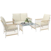 Outsunny 4 Piece Rattan Garden Furniture Set, 4 Seater Wicker Patio Conversation Set with 2 Armchairs, Loveseat, Glass Top Coffee Table and Cushions for Outdoor, Balcony, Khaki(m-10)
