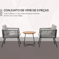 Outsunny Conjunto de Móveis de Jardim de Vime 3 Peças Incluí 1 Mesa de Centro e 2 Poltronas com Almofadas Acolchoadas Cinzento(m-6)