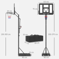 SPORTNOW Tabela de Basquetebol de Exterior com Altura Ajustável Suporte Rodas Base Recarregável e Bolsa de Peso 90x60x305 cm Preto(m-3)