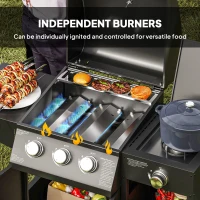 Outsunny 3+1 Burner Gas BBQ Grill with Storage Cabinet and Shelves, 9.5 kW Gas Barbecue Trolley with 6 Castor Wheels, Warming Rack, Thermometer for Outdoor Cooking Garden Party, Black(m-6)